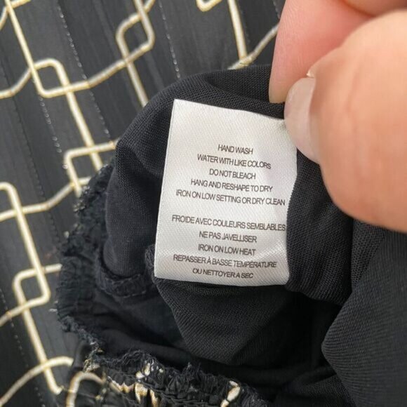 HAVER LONDON Black/Gold Geo Chains VNeck Elastic Cuffs Ruched Waist Blouse Large - Picture 12 of 15